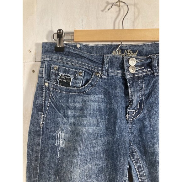 Y2K Red Rivet Bootcut Jeans Women’s Sz 9 Medium Wash Low Rise Bling Embellished - Picture 3 of 8